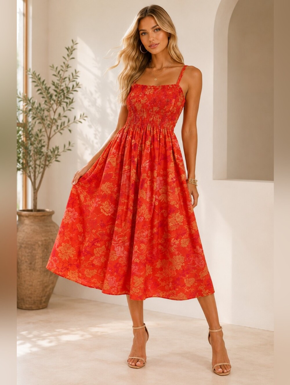 Universal Thread Red Smocked Floral Sundress Size M Summer Dress